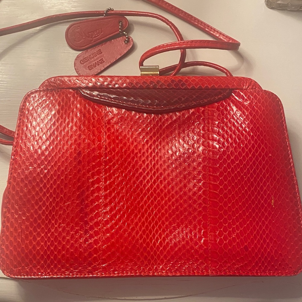 Red Snake-Embossed Crossbody Bag with Slim Strap